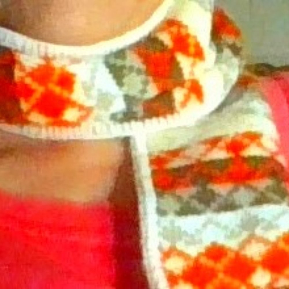 Vintage Retro 60/70s style WOOL/ 56" in long Orange, gray, tan, & white scarf.